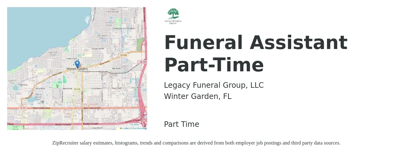 Legacy Funeral Group, LLC job posting for a Funeral Assistant Part-Time in Winter Garden, FL with a salary of $12 to $17 Hourly with a map of Winter Garden location.