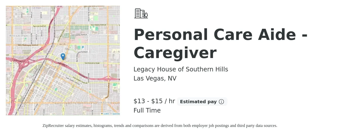 Legacy House of Southern Hills job posting for a Personal Care Aide - Caregiver in Las Vegas, NV with a salary of $14 to $16 Hourly with a map of Las Vegas location.
