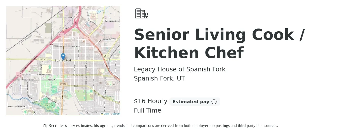 Legacy House of Spanish Fork job posting for a Senior Living Cook / Kitchen Chef in Spanish Fork, UT with a salary of $17 Hourly with a map of Spanish Fork location.