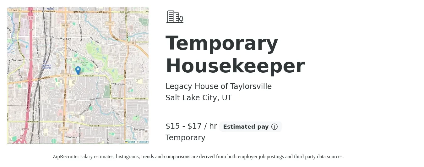 Legacy House of Taylorsville job posting for a Temporary Housekeeper in Salt Lake City, UT with a salary of $16 to $18 Hourly with a map of Salt Lake City location.