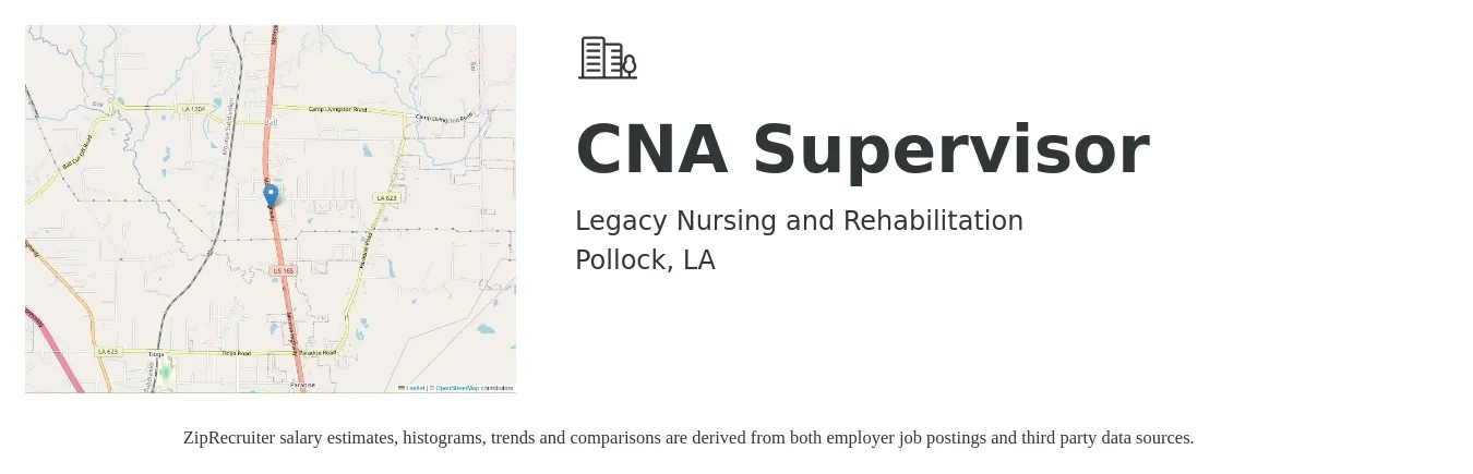 Legacy Nursing and Rehabilitation job posting for a CNA Supervisor in Pollock, LA with a salary of $16 to $22 Hourly with a map of Pollock location.