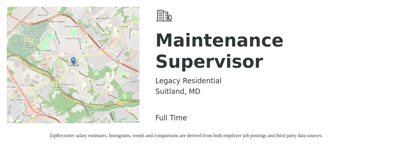 Legacy Residential job posting for a Maintenance Supervisor in Suitland, MD with a salary of $26 to $43 Hourly with a map of Suitland location.