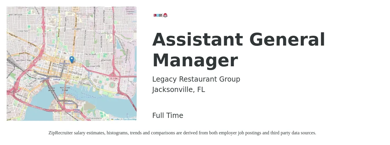 Legacy Restaurant Group job posting for a Assistant General Manager in Jacksonville, FL with a salary of $14 to $22 Hourly with a map of Jacksonville location.