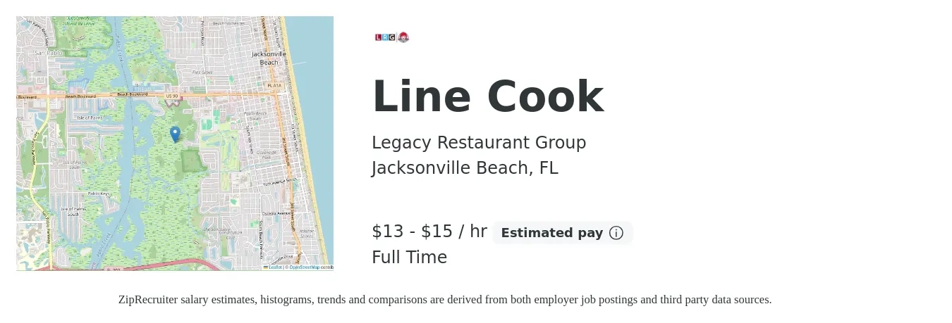 Legacy Restaurant Group job posting for a Line Cook in Jacksonville Beach, FL with a salary of $14 to $16 Hourly with a map of Jacksonville Beach location.