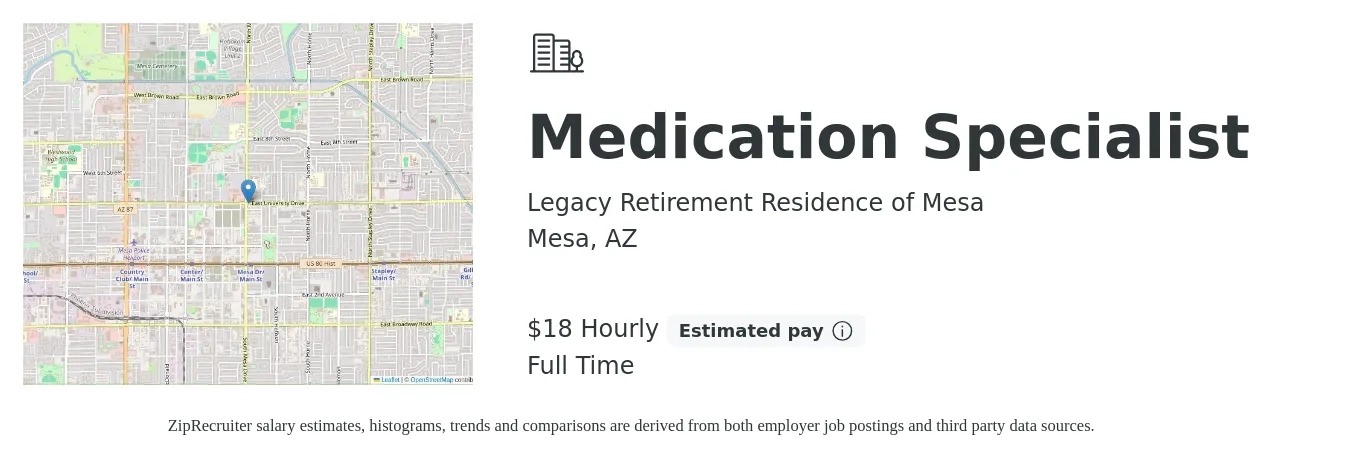 Legacy Retirement Residence of Mesa job posting for a Medication Specialist in Mesa, AZ with a salary of $19 Hourly with a map of Mesa location.
