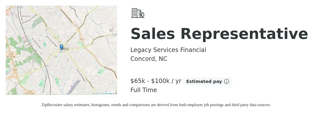 Legacy Services Financial job posting for a Sales Representative in Concord, NC with a salary of $65,000 to $100,000 Yearly with a map of Concord location.