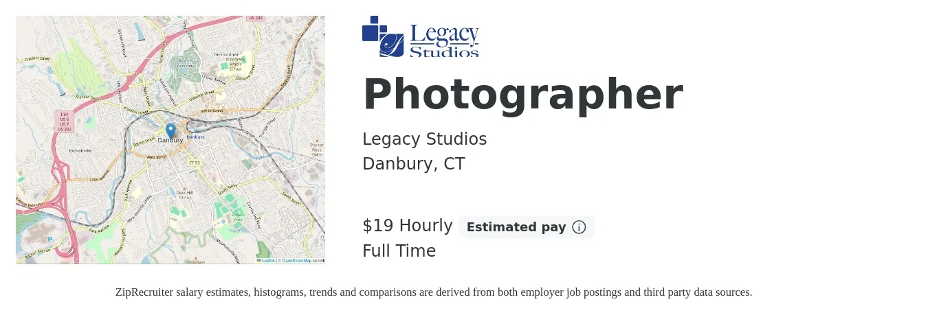 Legacy Studios job posting for a Photographer in Danbury, CT with a salary of $20 Hourly with a map of Danbury location.