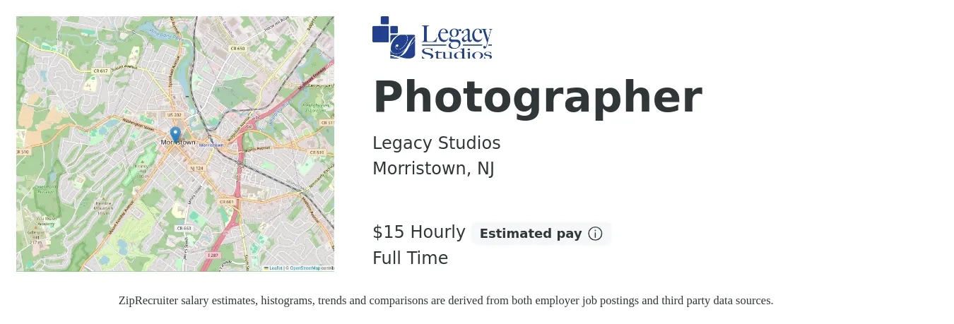 Legacy Studios job posting for a Photographer in Morristown, NJ with a salary of $16 Hourly with a map of Morristown location.
