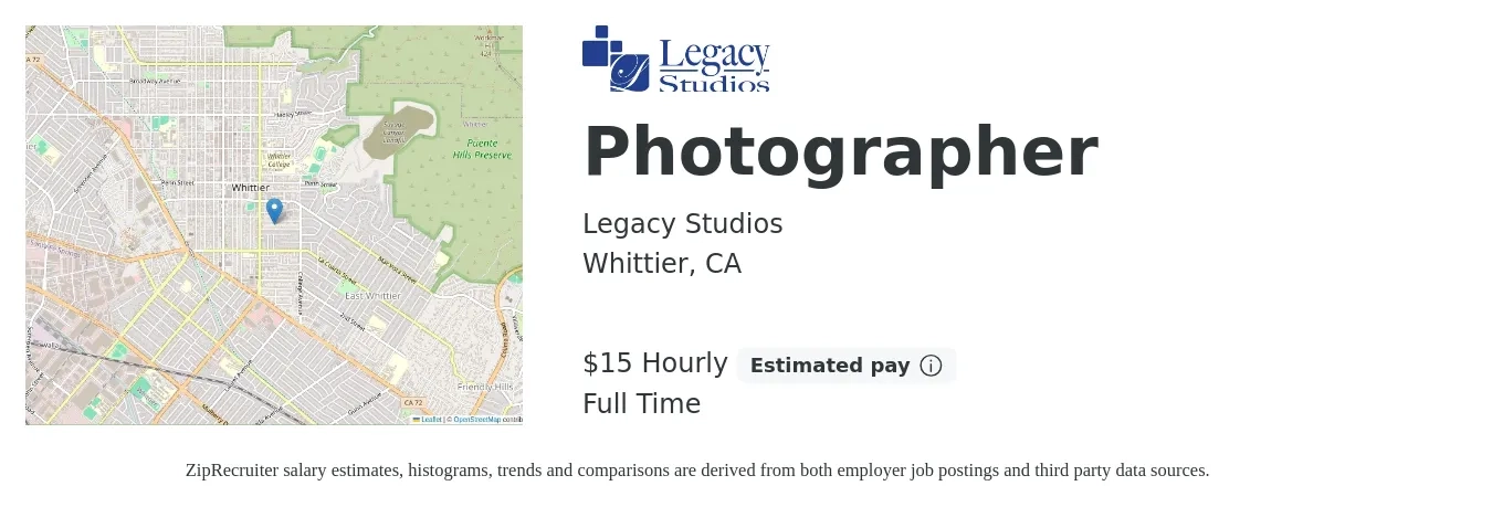 Legacy Studios job posting for a Photographer in Whittier, CA with a salary of $16 Hourly with a map of Whittier location.