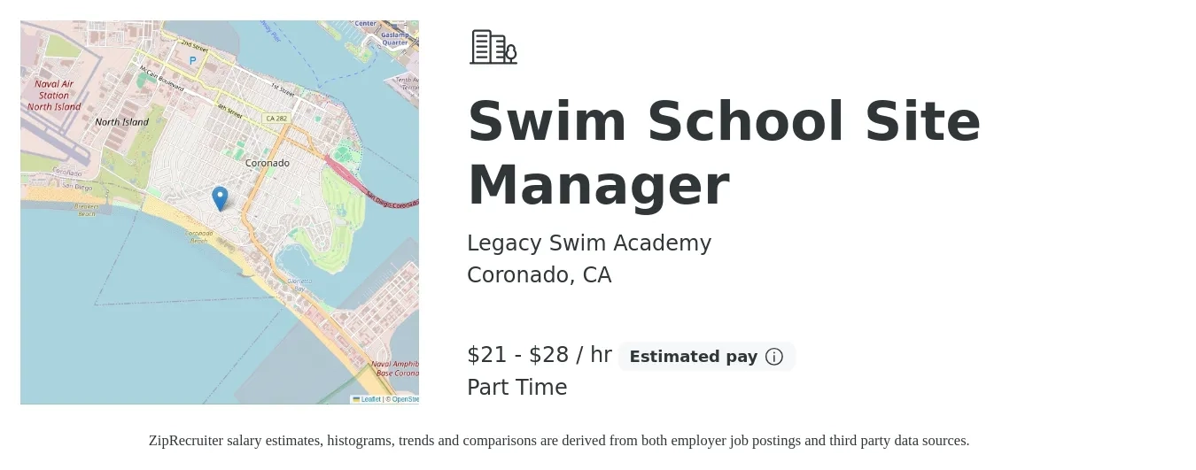 Legacy Swim Academy job posting for a Swim School Site Manager in Coronado, CA with a salary of $22 to $30 Hourly with a map of Coronado location.