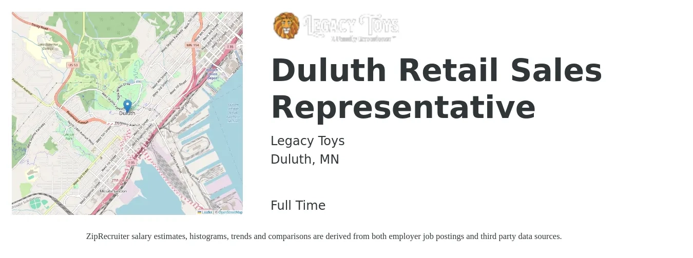 Legacy Toys job posting for a Duluth Retail Sales Representative in Duluth, MN with a salary of $15 to $22 Hourly with a map of Duluth location.
