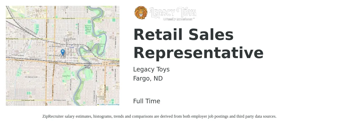 Legacy Toys job posting for a Retail Sales Representative in Fargo, ND with a salary of $15 to $22 Hourly with a map of Fargo location.