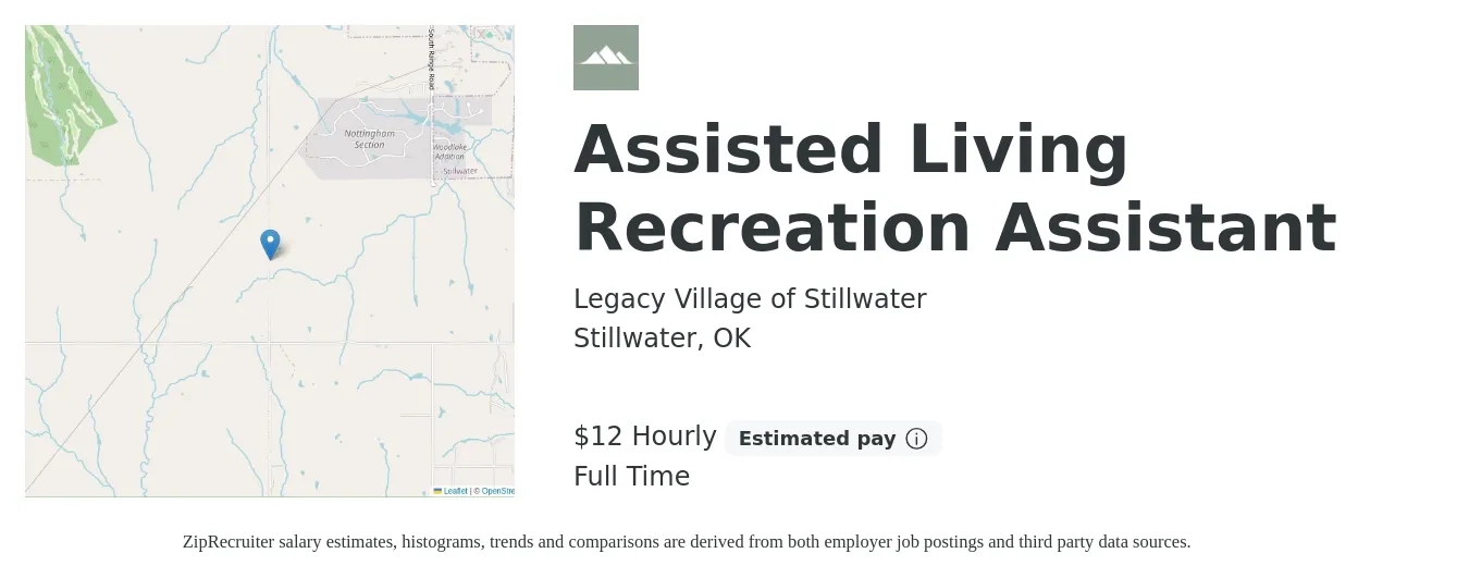 Legacy Village of Stillwater job posting for a Assisted Living Recreation Assistant in Stillwater, OK with a salary of $12 to $13 Hourly with a map of Stillwater location.