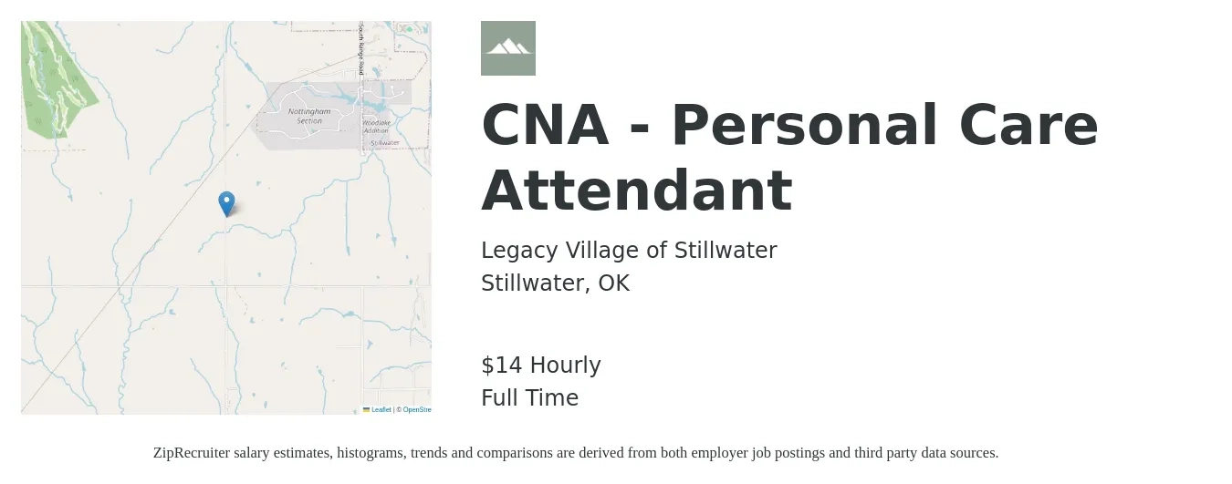 Legacy Village of Stillwater job posting for a CNA - Personal Care Attendant in Stillwater, OK with a salary of $14 to $16 Hourly with a map of Stillwater location.