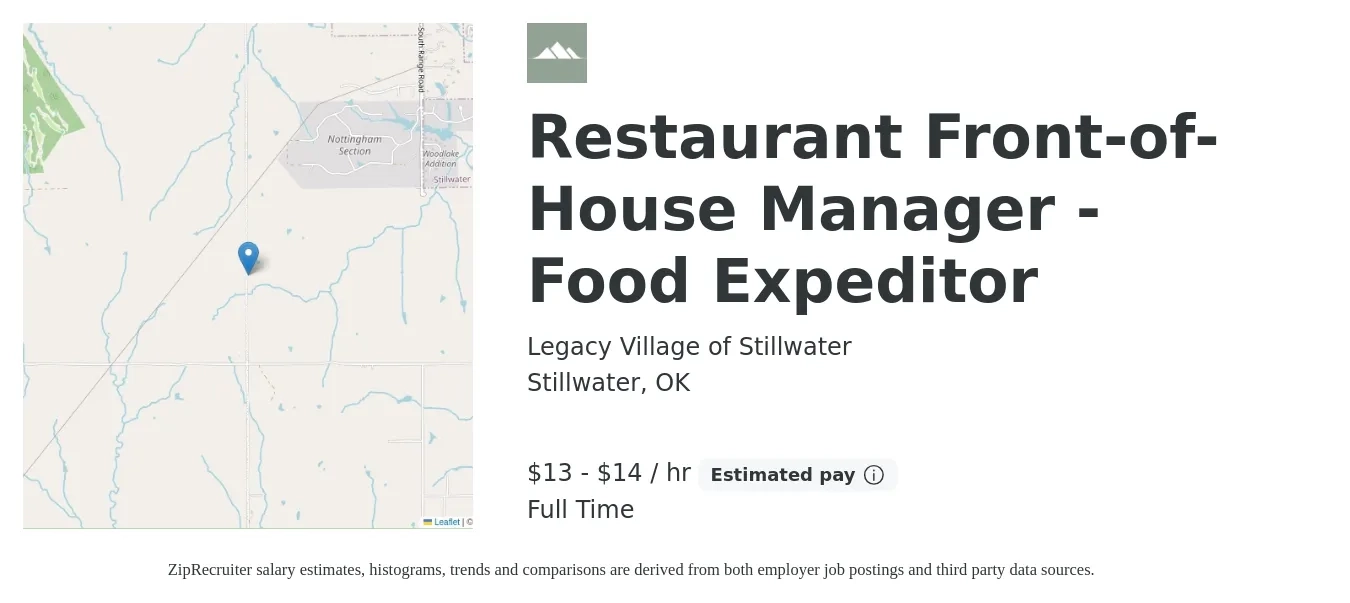 Legacy Village of Stillwater job posting for a Restaurant Front-of-House Manager - Food Expeditor in Stillwater, OK with a salary of $14 to $16 Hourly with a map of Stillwater location.