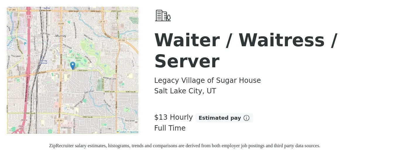Legacy Village of Sugar House job posting for a Waiter / Waitress / Server in Salt Lake City, UT with a salary of $14 Hourly with a map of Salt Lake City location.