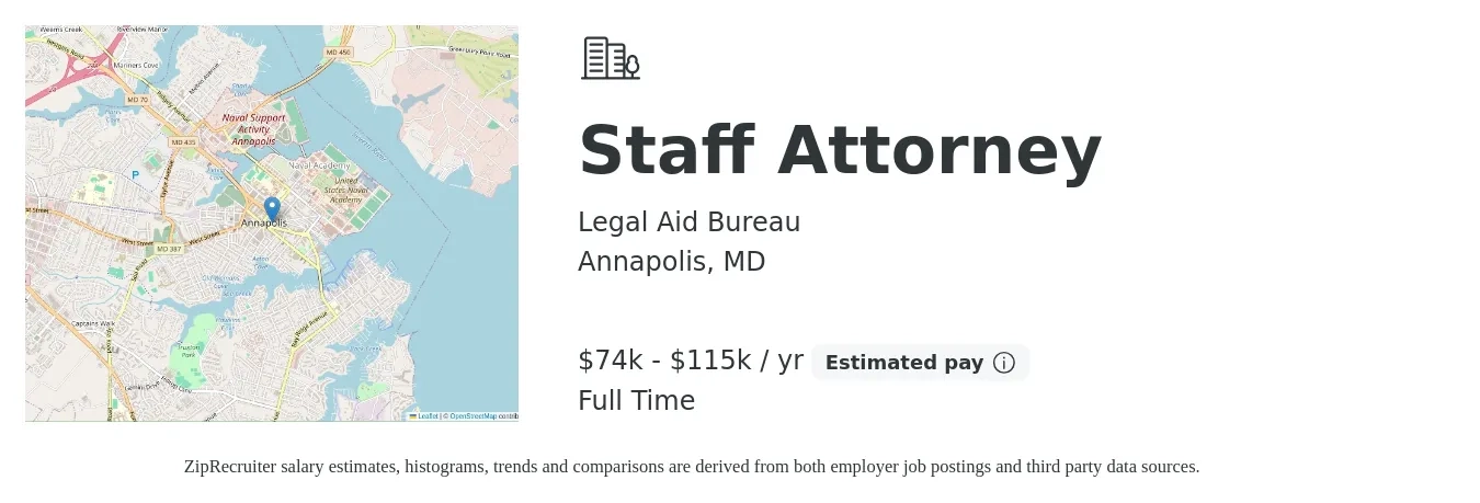 Legal Aid Bureau job posting for a Staff Attorney in Annapolis, MD with a salary of $74,575 to $115,112 Yearly with a map of Annapolis location.