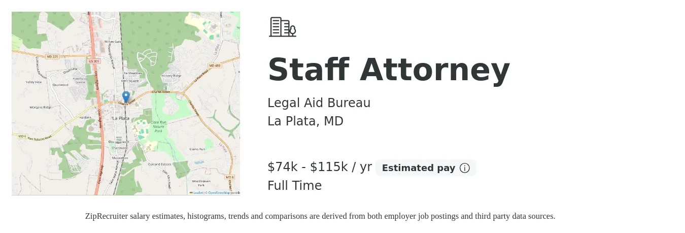 Legal Aid Bureau job posting for a Staff Attorney in La Plata, MD with a salary of $74,575 to $115,112 Yearly with a map of La Plata location.