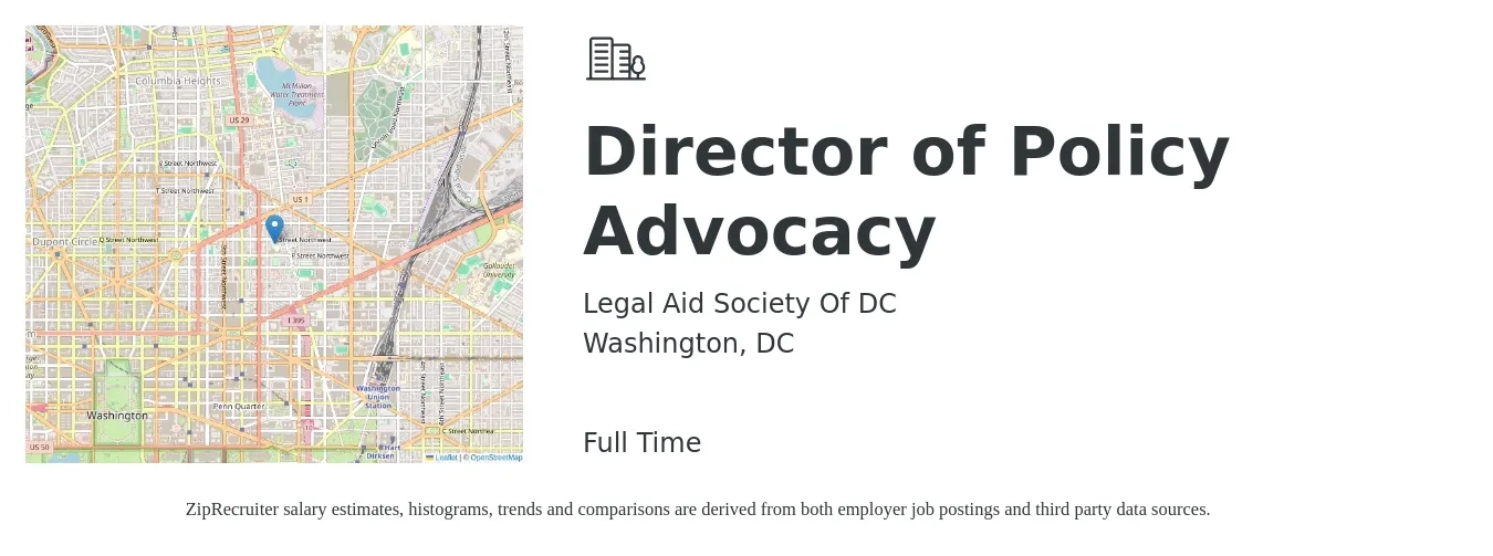 Legal Aid Society Of DC job posting for a Director of Policy Advocacy in Washington, DC with a salary of $120,000 to $155,100 Yearly with a map of Washington location.