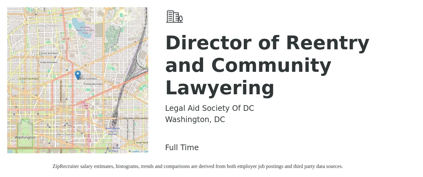 Legal Aid Society Of DC job posting for a Director of Reentry and Community Lawyering in Washington, DC with a salary of $28 to $38 Hourly with a map of Washington location.