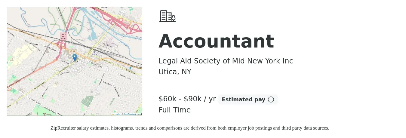 Legal Aid Society of Mid New York Inc job posting for a Accountant in Utica, NY with a salary of $60,000 to $90,000 Yearly with a map of Utica location.