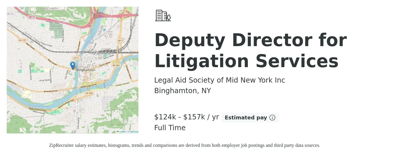 Legal Aid Society of Mid New York Inc job posting for a Deputy Director for Litigation Services in Binghamton, NY with a salary of $124,062 to $157,594 Yearly with a map of Binghamton location.