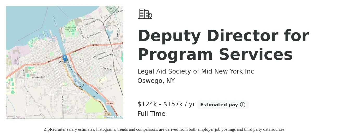Legal Aid Society of Mid New York Inc job posting for a Deputy Director for Program Services in Oswego, NY with a salary of $124,062 to $157,594 Yearly with a map of Oswego location.