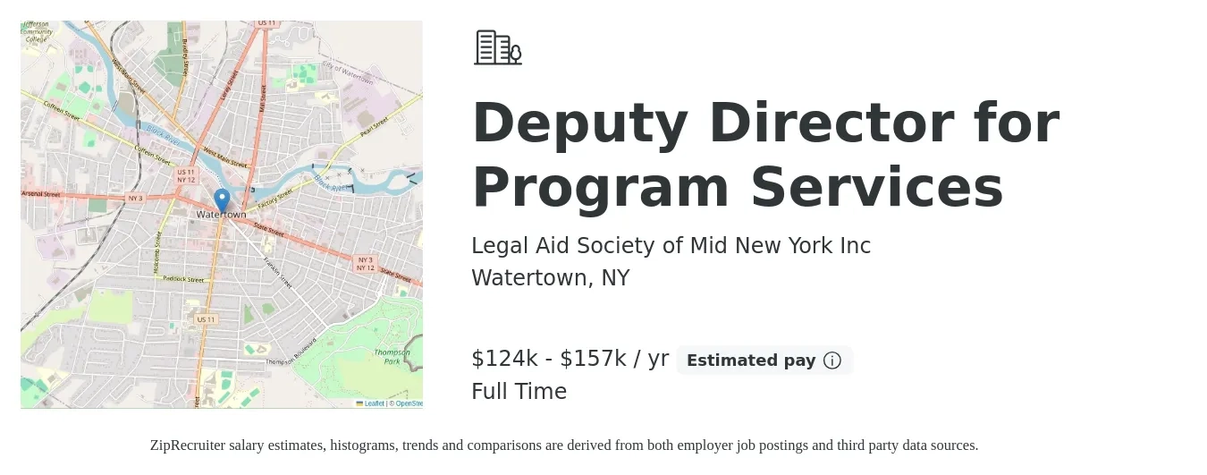 Legal Aid Society of Mid New York Inc job posting for a Deputy Director for Program Services in Watertown, NY with a salary of $124,062 to $157,594 Yearly with a map of Watertown location.