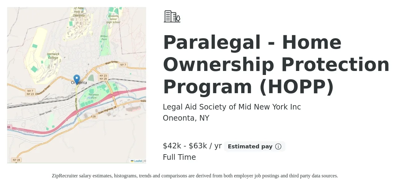 Legal Aid Society of Mid New York Inc job posting for a Paralegal - Home Ownership Protection Program (HOPP) in Oneonta, NY with a salary of $42,250 to $63,378 Yearly with a map of Oneonta location.