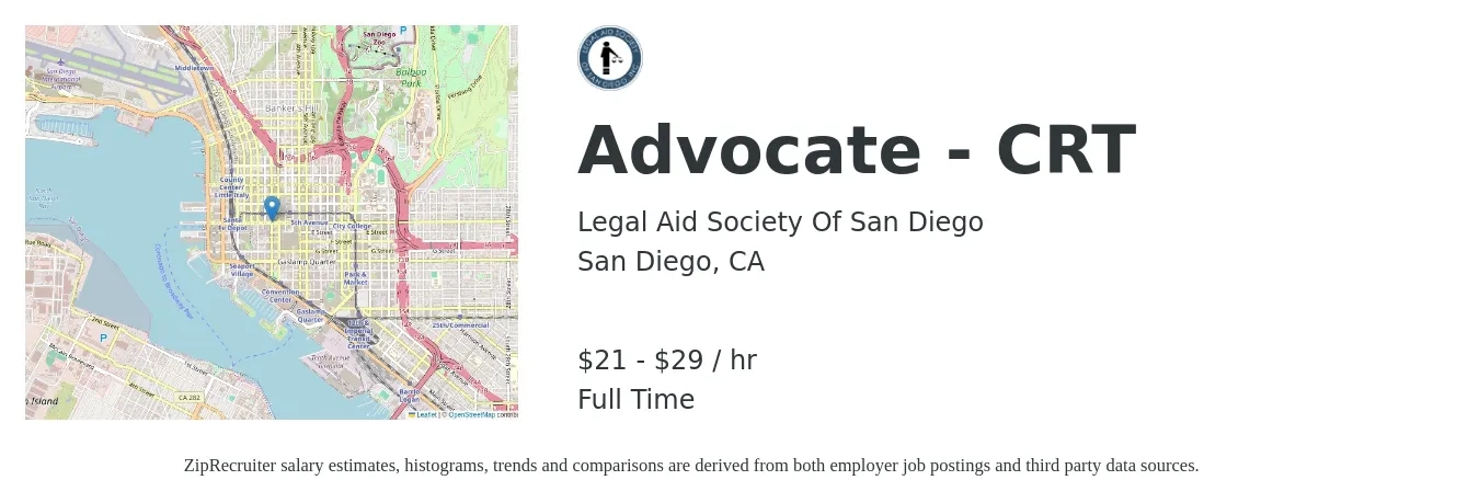 Legal Aid Society Of San Diego job posting for a Advocate - CRT in San Diego, CA with a salary of $22 to $31 Hourly with a map of San Diego location.