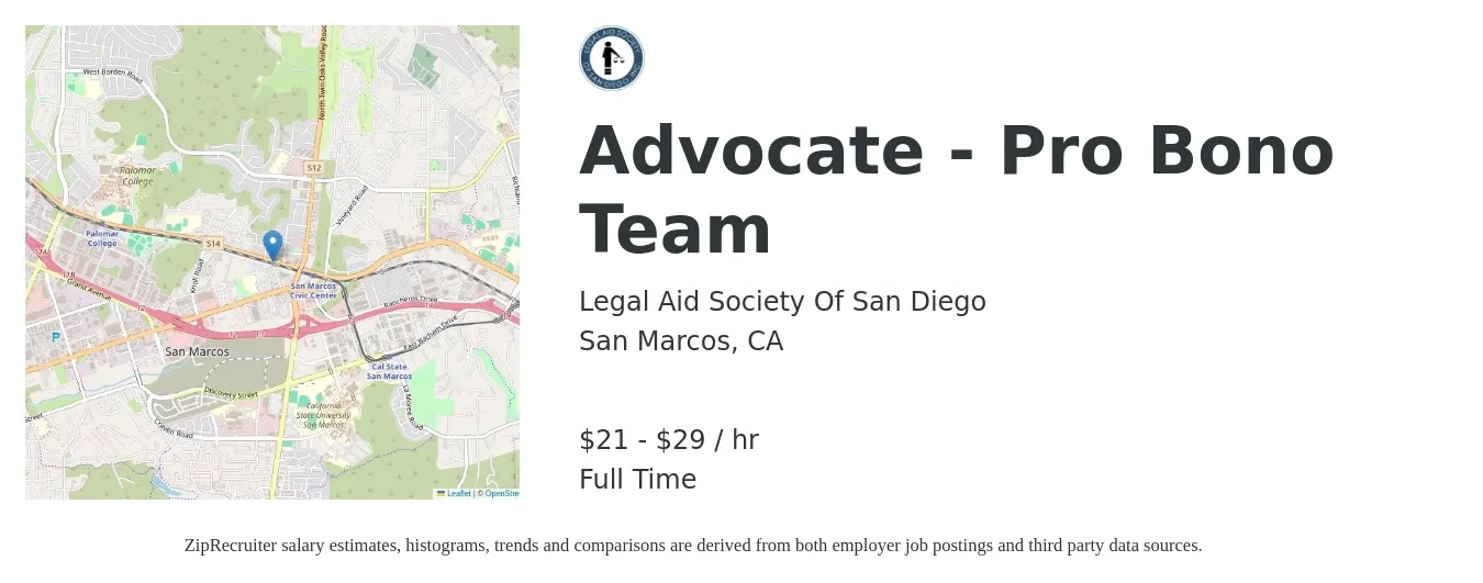 Legal Aid Society Of San Diego job posting for a Advocate - Pro Bono Team in San Marcos, CA with a salary of $22 to $31 Hourly with a map of San Marcos location.