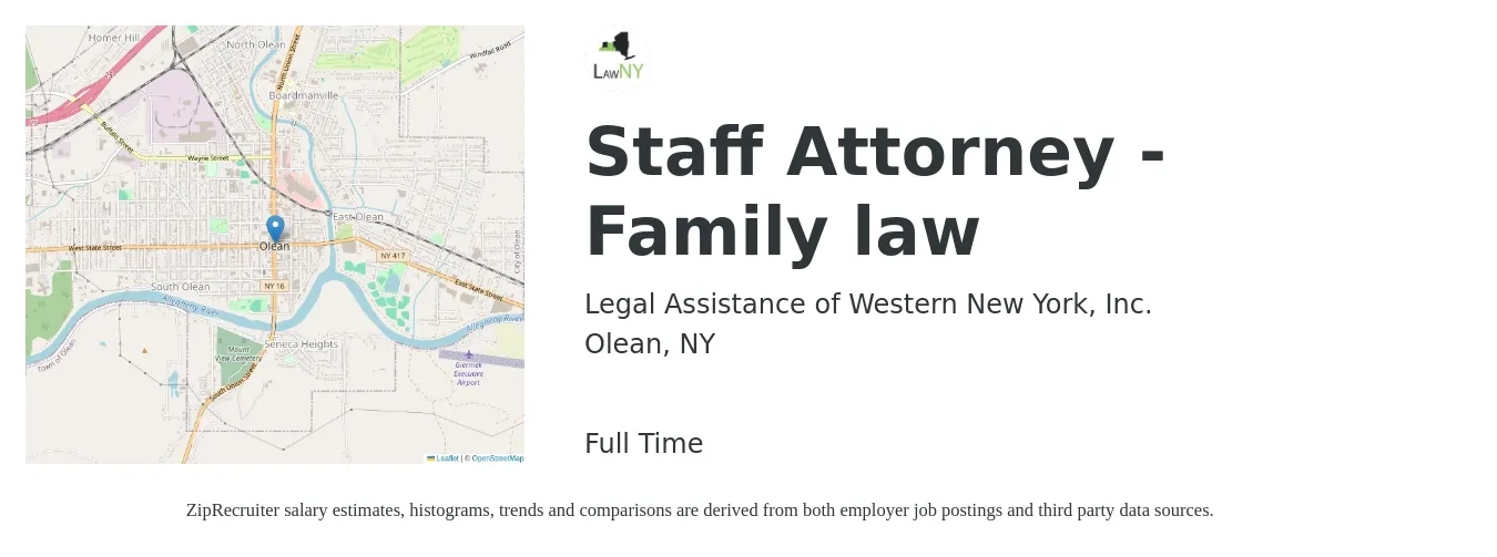Legal Assistance of Western New York, Inc. job posting for a Staff Attorney - Family law in Olean, NY with a salary of $64,000 Yearly with a map of Olean location.
