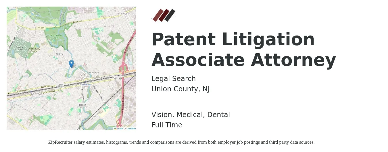 Legal Search job posting for a Patent Litigation Associate Attorney in Union County, NJ with a salary of $102,700 to $154,800 Yearly and benefits including life_insurance, medical, retirement, vision, and dental with a map of Union County location.