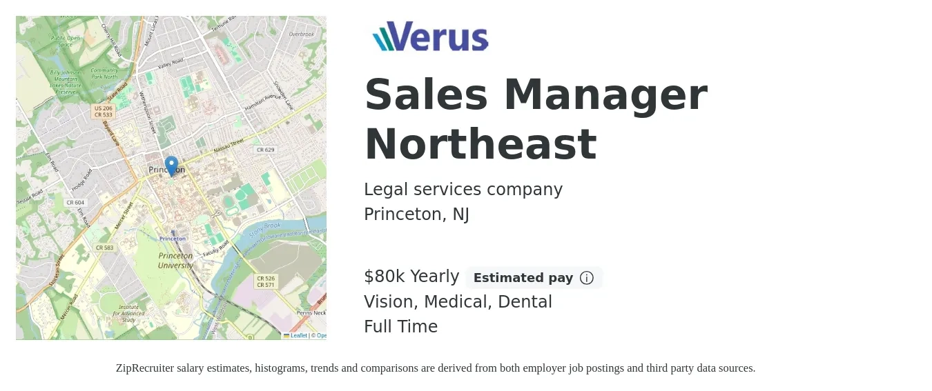 Legal services company job posting for a Sales Manager Northeast in Princeton, NJ with a salary of $80,000 Yearly (plus commission) and benefits including retirement, vision, dental, life_insurance, medical, and pto with a map of Princeton location.