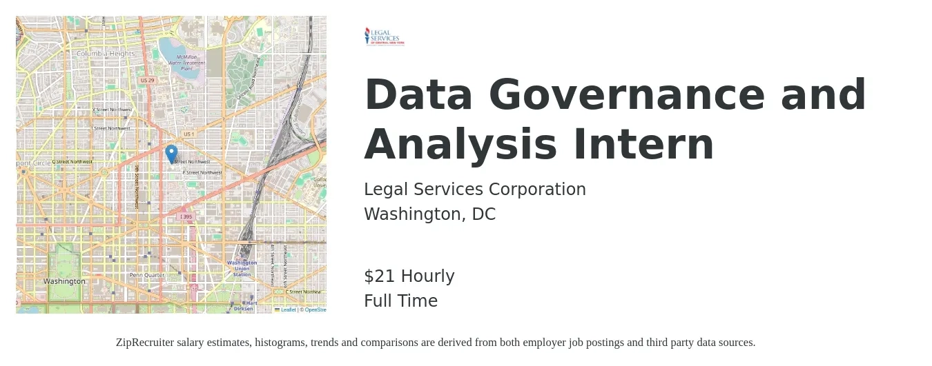 Legal Services Corporation job posting for a Data Governance and Analysis Intern in Washington, DC with a salary of $22 Hourly with a map of Washington location.