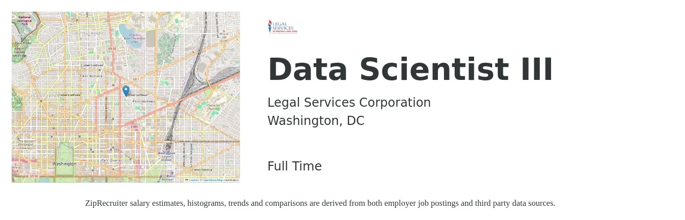 Legal Services Corporation job posting for a Data Scientist III in Washington, DC with a salary of $112,800 to $155,700 Yearly with a map of Washington location.