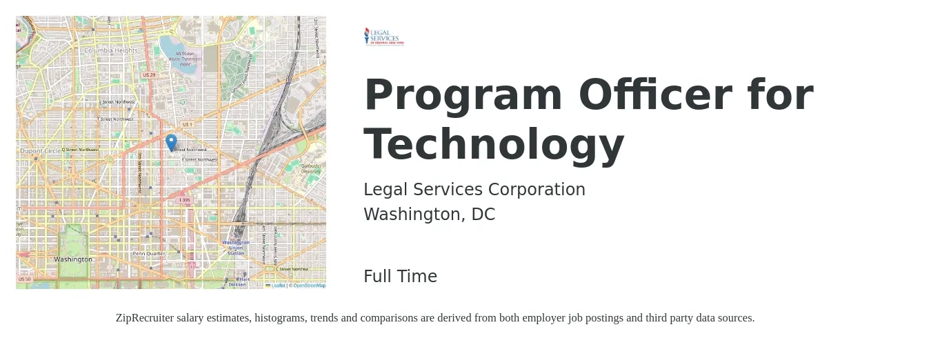 Legal Services Corporation job posting for a Program Officer for Technology in Washington, DC with a salary of $81,900 to $151,200 Yearly with a map of Washington location.