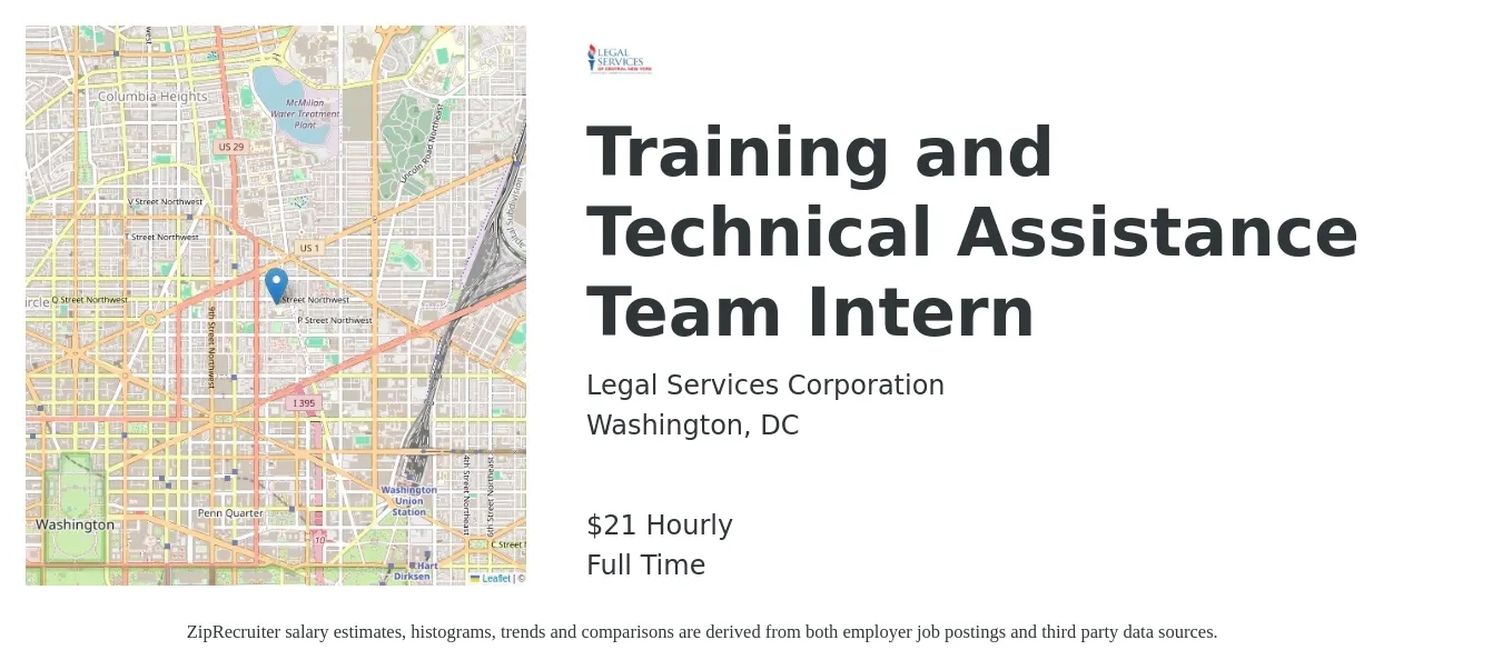 Legal Services Corporation job posting for a Training and Technical Assistance Team Intern in Washington, DC with a salary of $22 Hourly with a map of Washington location.