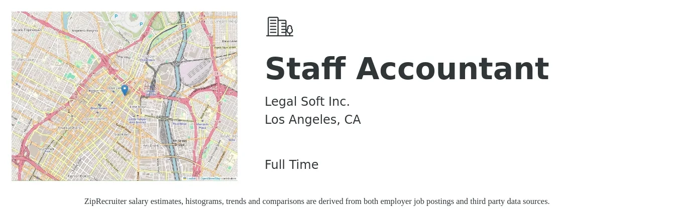 Legal Soft Inc. job posting for a Staff Accountant in Los Angeles, CA with a salary of $30 to $40 Hourly and benefits including medical, and retirement with a map of Los Angeles location.