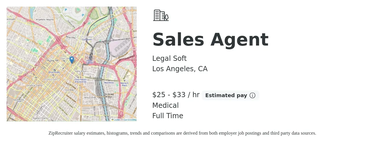 Legal Soft job posting for a Sales Agent in Los Angeles, CA with a salary of $27 to $35 Hourly (plus commission) and benefits including medical with a map of Los Angeles location.