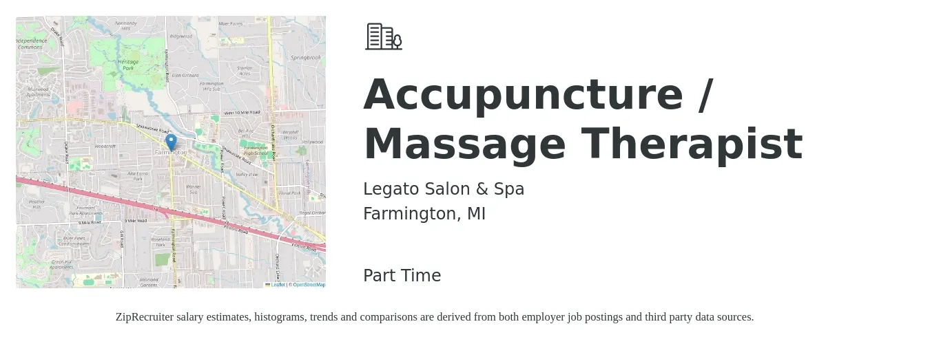 Legato Salon & Spa job posting for a Accupuncture / Massage Therapist in Farmington, MI with a salary of $250 to $350 Weekly with a map of Farmington location.
