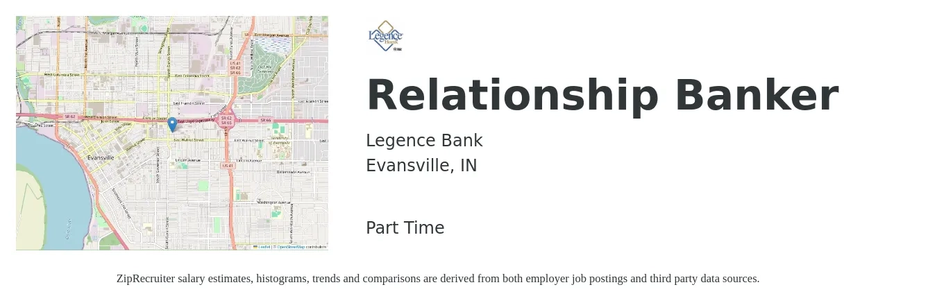 Legence Bank job posting for a Relationship Banker in Evansville, IN with a salary of $16 to $21 Hourly with a map of Evansville location.