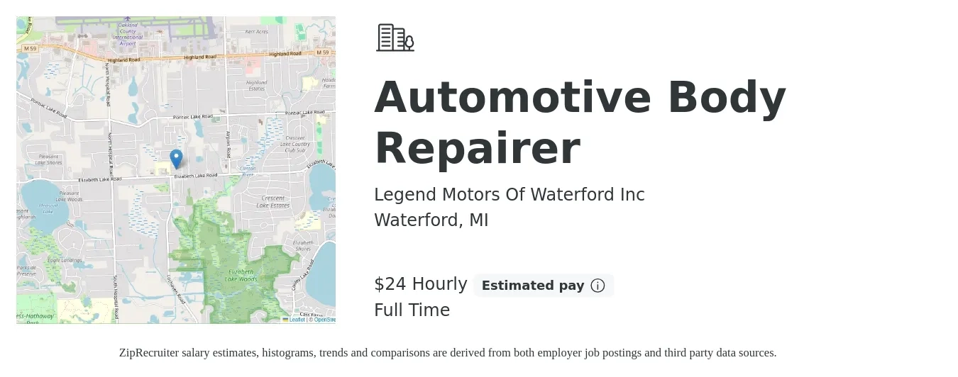 Legend Motors Of Waterford Inc job posting for a Automotive Body Repairer in Waterford, MI with a salary of $25 Hourly with a map of Waterford location.