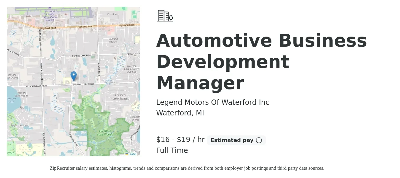Legend Motors Of Waterford Inc job posting for a Automotive Business Development Manager in Waterford, MI with a salary of $17 to $20 Hourly with a map of Waterford location.