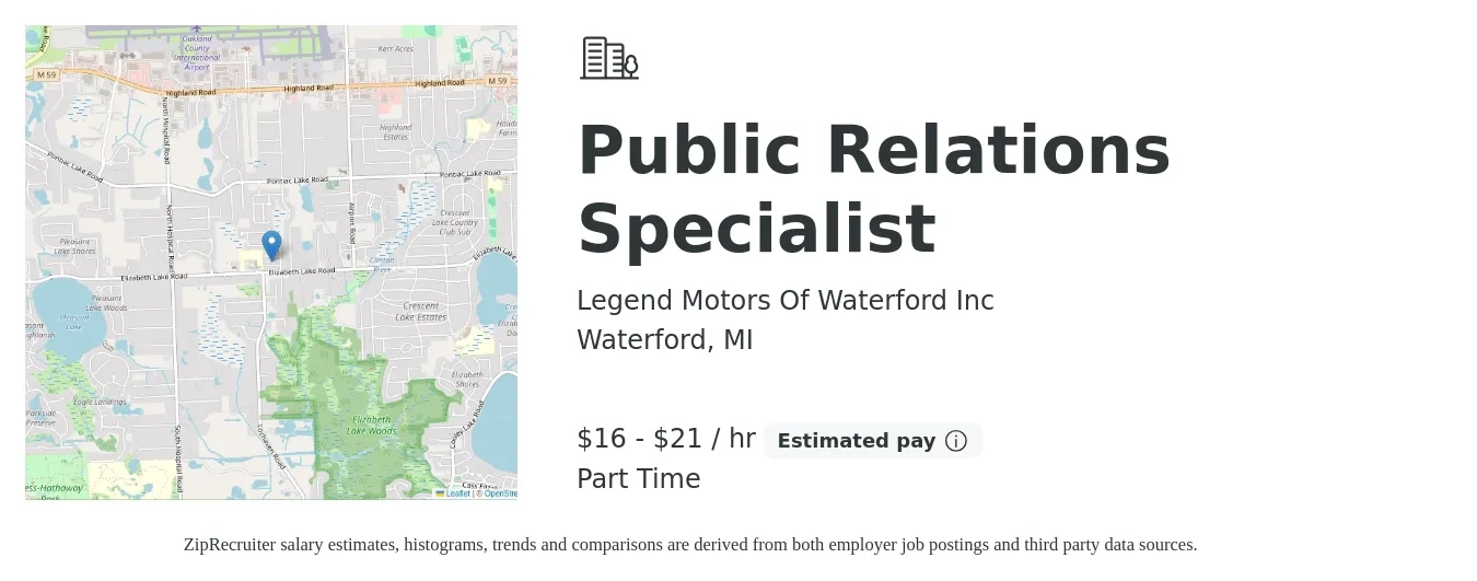 Legend Motors Of Waterford Inc job posting for a Public Relations Specialist in Waterford, MI with a salary of $17 to $22 Hourly with a map of Waterford location.