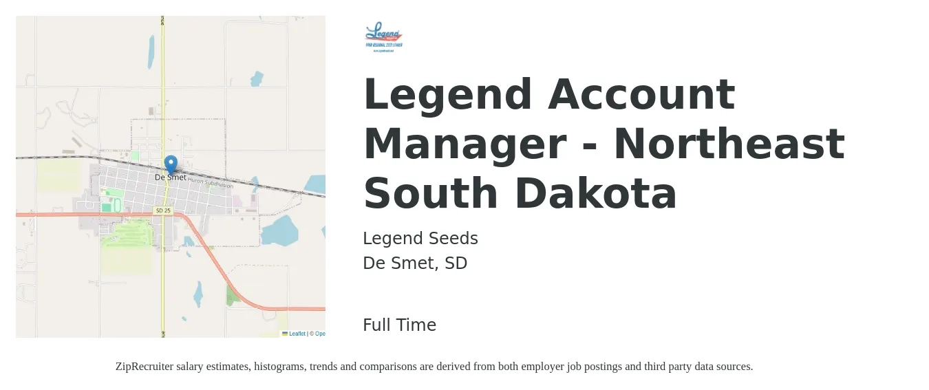 Legend Seeds job posting for a Legend Account Manager - Northeast South Dakota in De Smet, SD with a salary of $45,200 to $74,000 Yearly with a map of De Smet location.