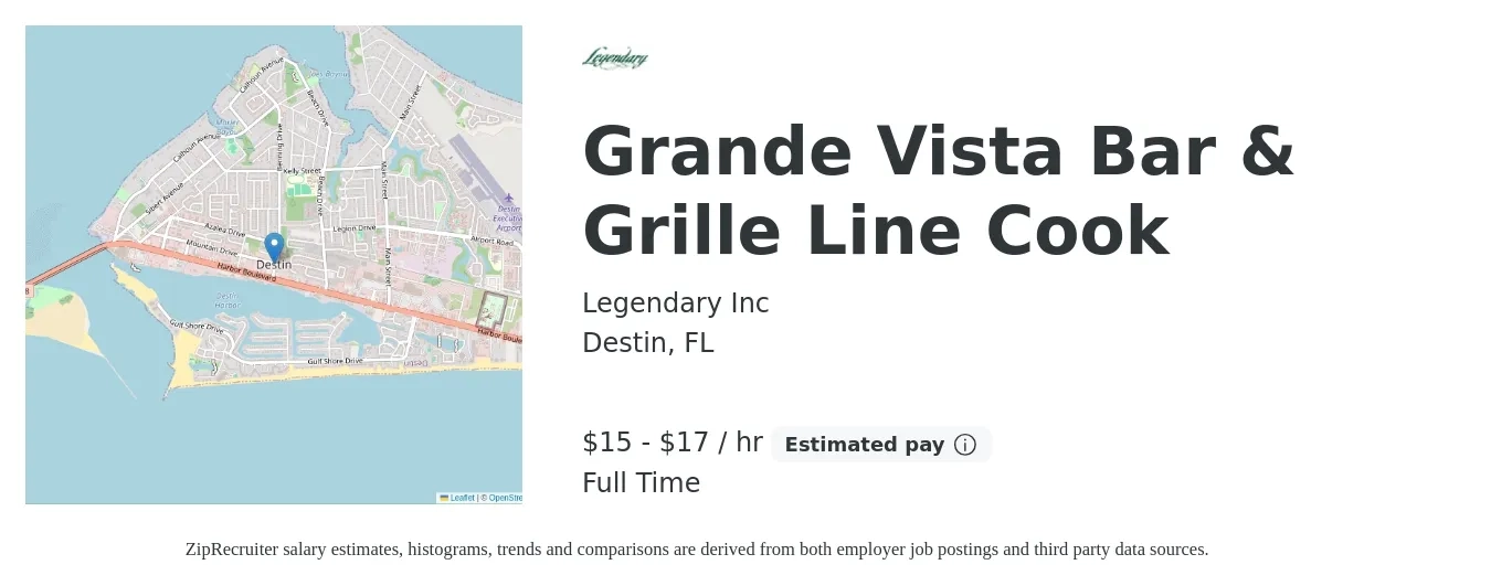 Legendary Inc job posting for a Grande Vista Bar & Grille Line Cook in Destin, FL with a salary of $16 to $18 Hourly with a map of Destin location.