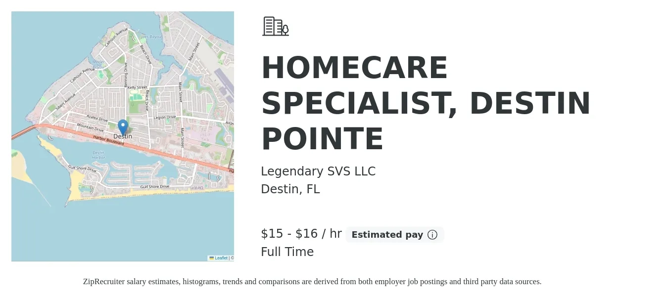 Legendary SVS LLC job posting for a HOMECARE SPECIALIST, DESTIN POINTE in Destin, FL with a salary of $16 to $17 Hourly with a map of Destin location.