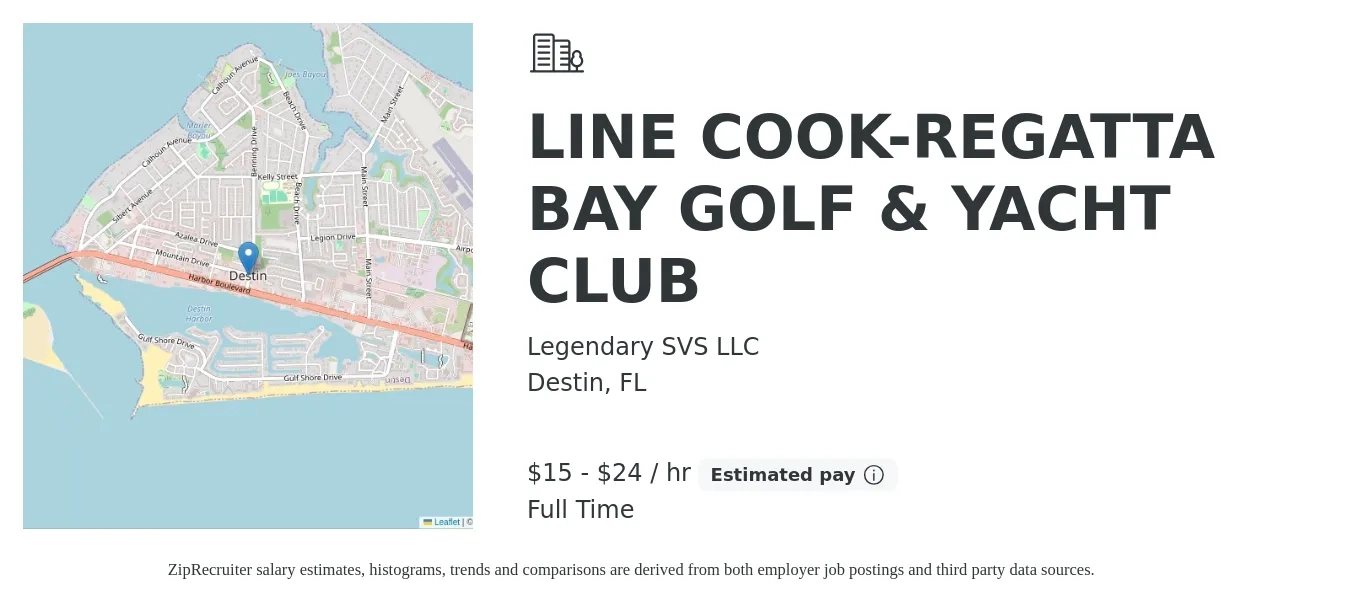 Legendary SVS LLC job posting for a LINE COOK-REGATTA BAY GOLF & YACHT CLUB in Destin, FL with a salary of $16 to $25 Hourly with a map of Destin location.