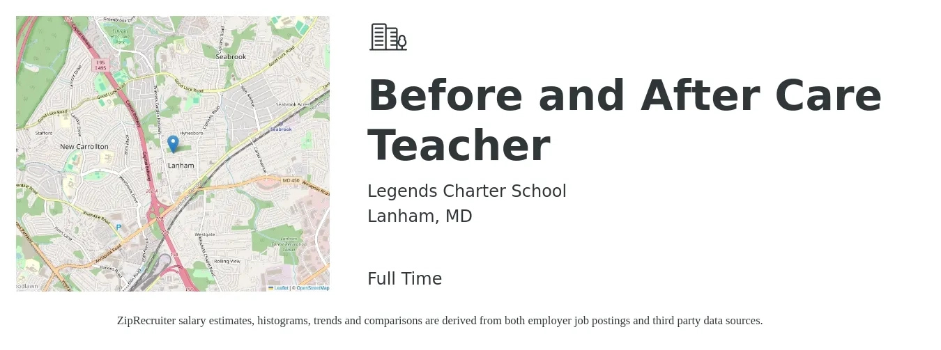 Legends Charter School job posting for a Before and After Care Teacher in Lanham, MD with a salary of $14 to $18 Hourly with a map of Lanham location.